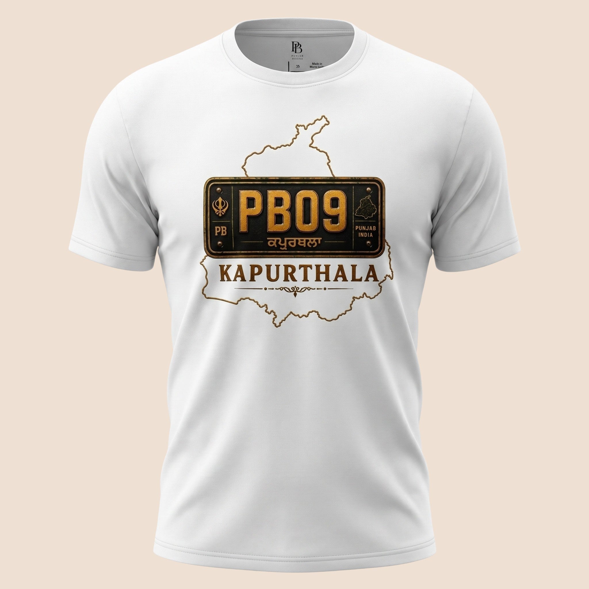 PUNJAB BOLDA white unisex classic tee featuring a Kapurthala district graphic with a PB09 license plate design.