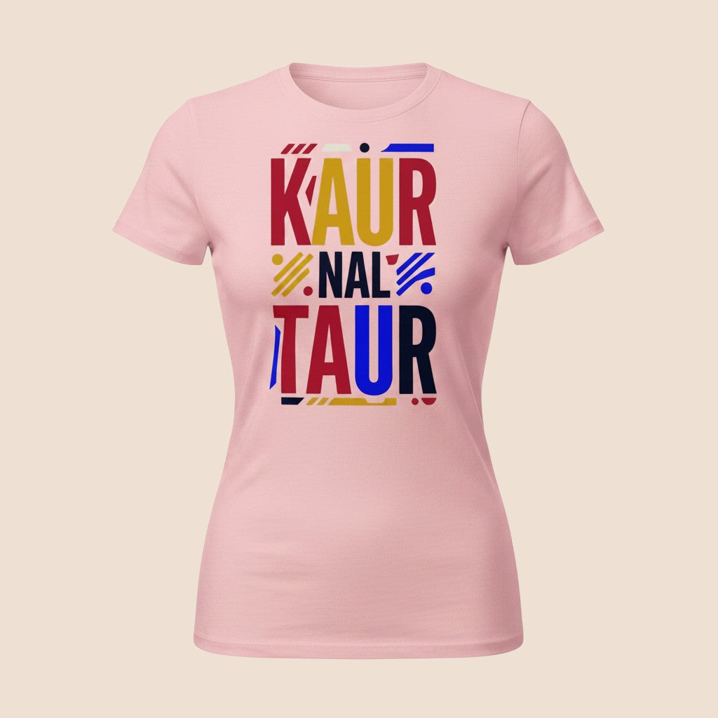 PUNJAB BOLDA light pink 100% cotton unisex classic tee with KAUR NAL TAUR graphic print in red, blue, and yellow.