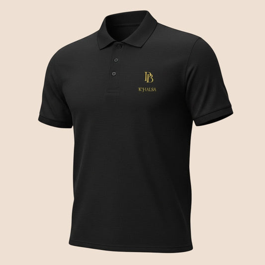 PUNJAB BOLDA black KHALSA premium pique cotton polo shirt with gold embroidered logo and 3-button placket.