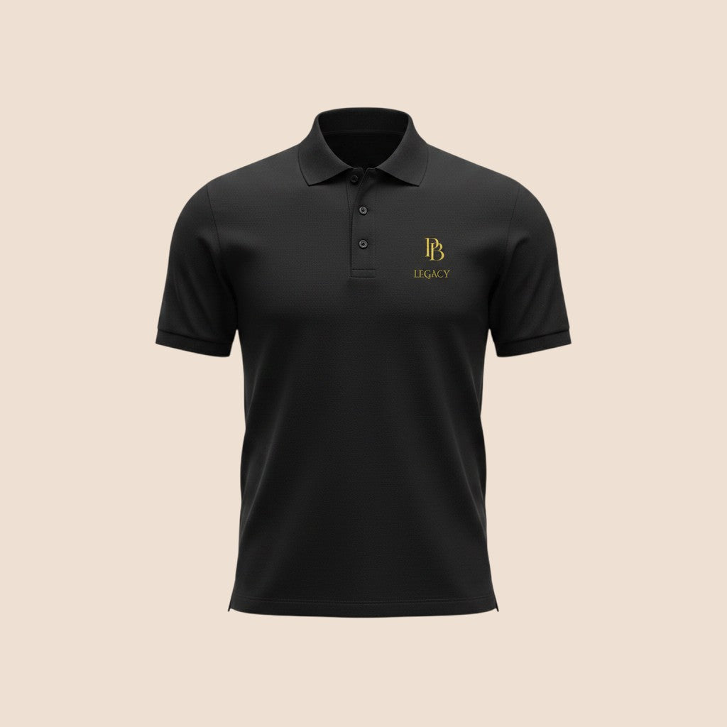 PUNJAB BOLDA black premium pique cotton polo shirt with gold LEGACY logo embroidery and 3-button placket.