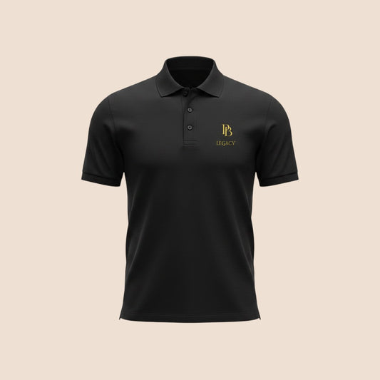 PUNJAB BOLDA black premium pique cotton polo shirt with gold LEGACY logo embroidery and 3-button placket.