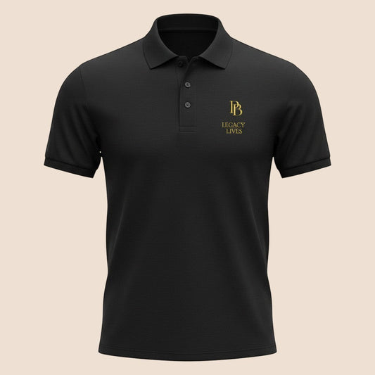 PUNJAB BOLDA black polo shirt with gold Legacy Lives embroidery on the chest and a classic button-down collar.