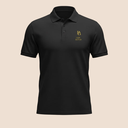 PUNJAB BOLDA black pique cotton polo shirt with gold LION BLOOD logo embroidery and three-button placket.