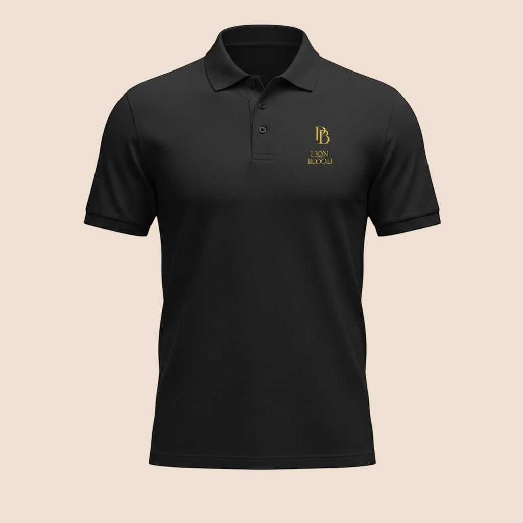 PUNJAB BOLDA black pique cotton polo shirt with gold LION BLOOD logo embroidery and three-button placket.