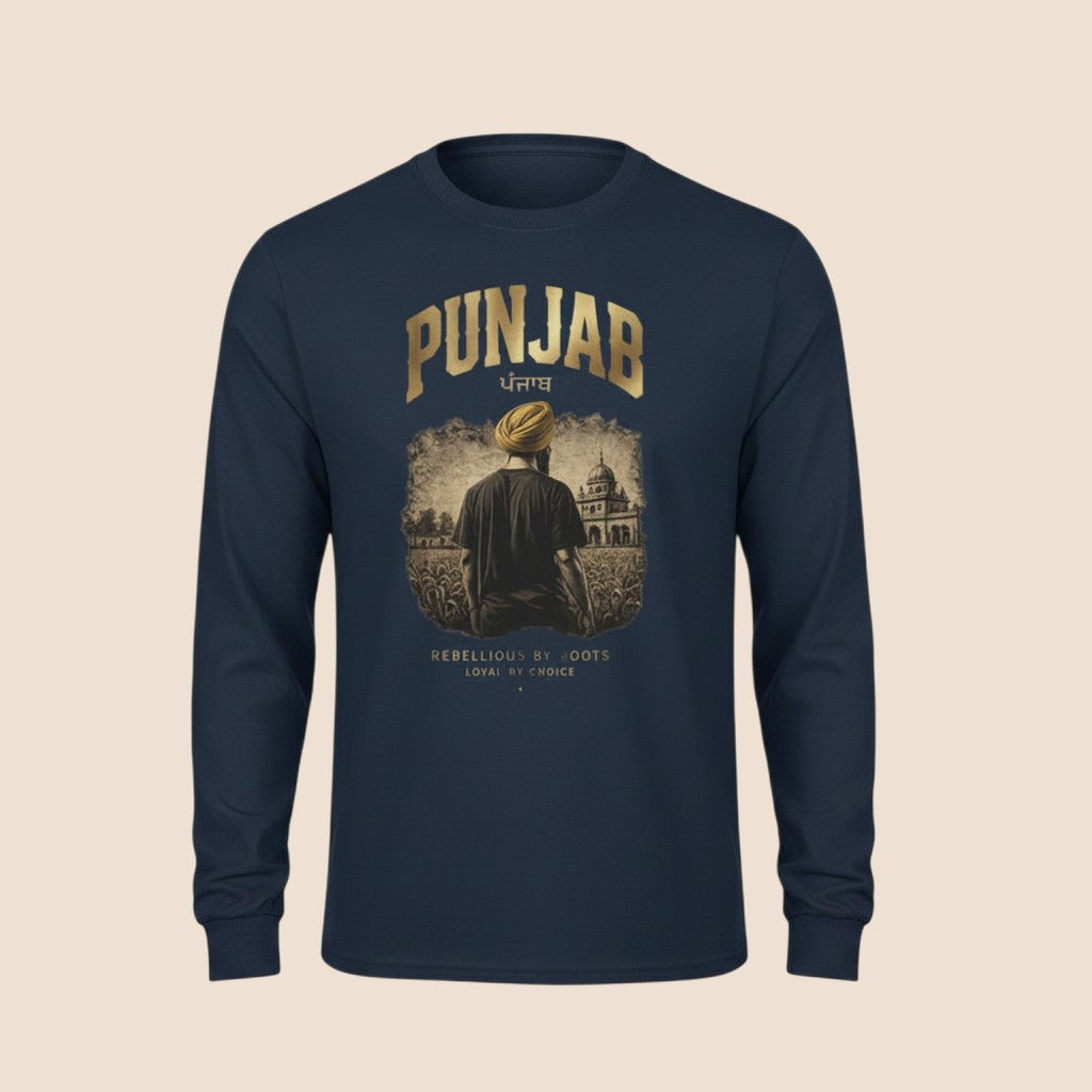PUNJAB BOLDA navy blue long sleeve cotton shirt with a graphic print of a man in a turban and a historic building.