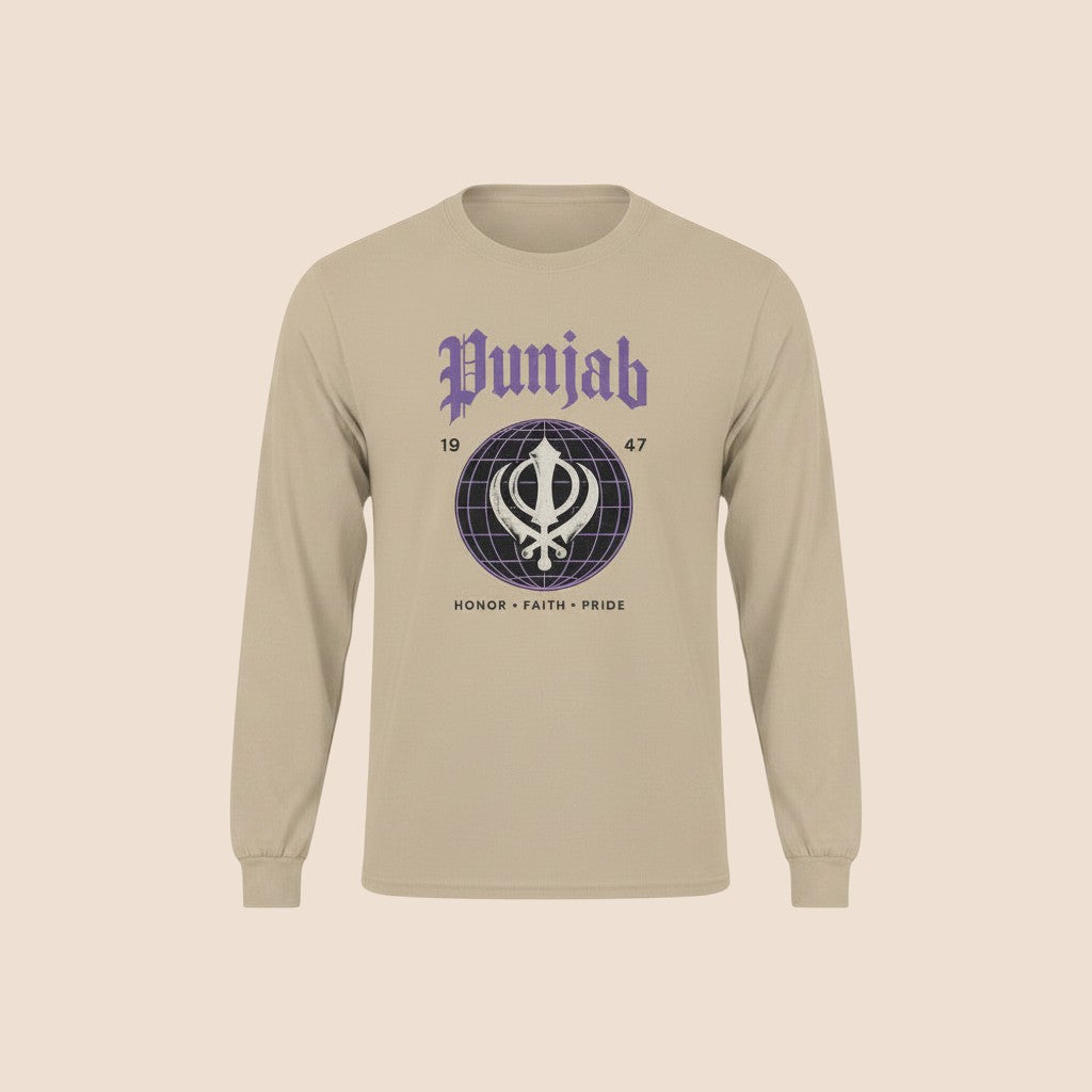 PUNJAB BOLDA tan long sleeve cotton shirt with a purple graphic featuring the Khanda symbol and Honor Faith Pride text.