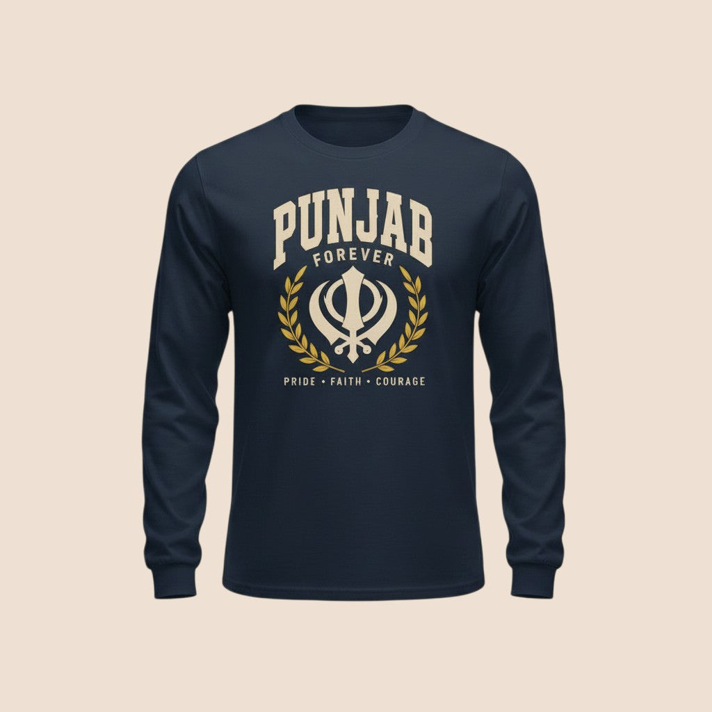 PUNJAB BOLDA navy blue long sleeve cotton shirt with Punjab Forever graphic print and Khanda symbol in cream and gold.