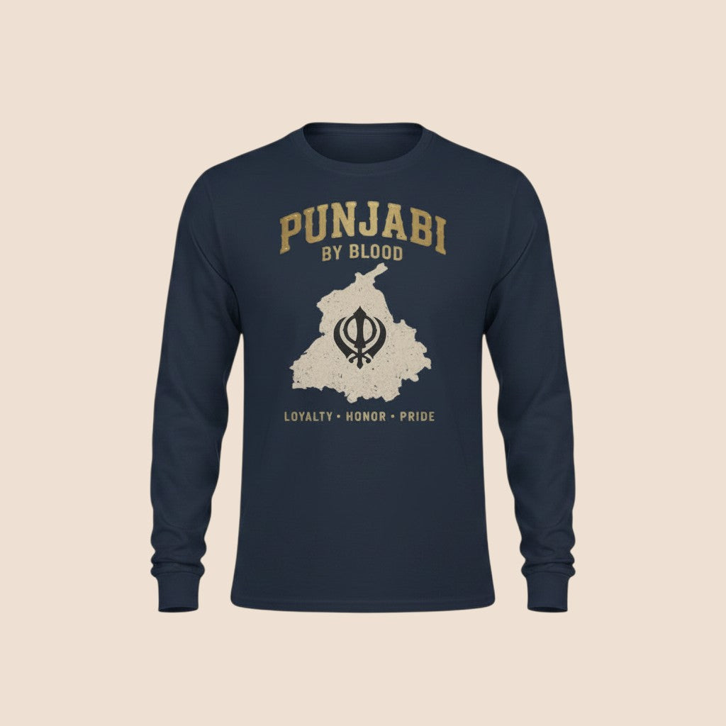 PUNJAB BOLDA navy blue long sleeve cotton shirt with Punjabi by Blood graphic print and Khanda symbol.