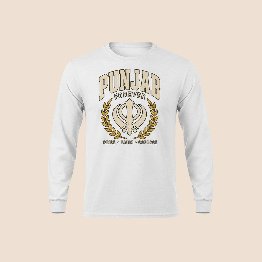 PUNJAB BOLDA white long sleeve cotton shirt with Punjab Forever graphic, Khanda symbol, and laurel wreath design.