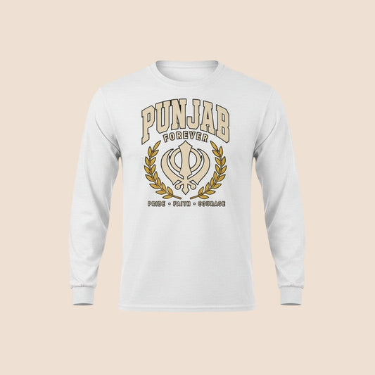 PUNJAB BOLDA white long sleeve cotton shirt with Punjab Forever graphic, Khanda symbol, and laurel wreath design.