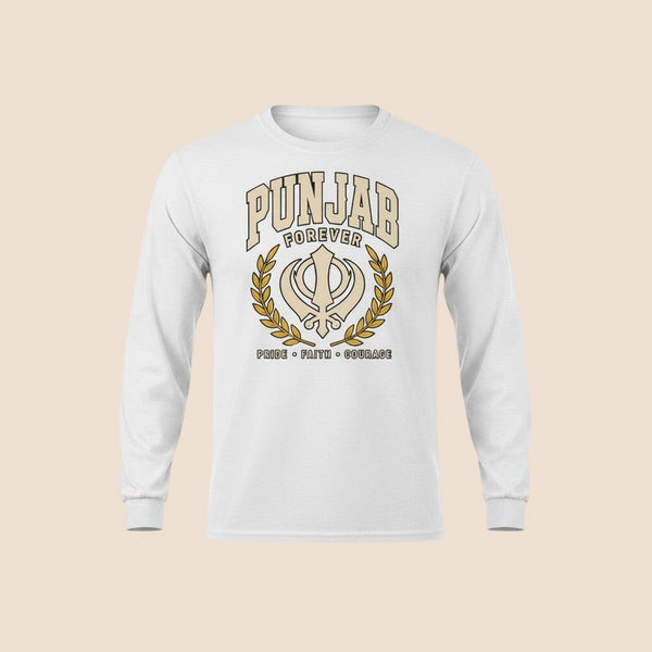PUNJAB BOLDA white long sleeve cotton shirt with Punjab Forever graphic, Khanda symbol, and laurel wreath design.
