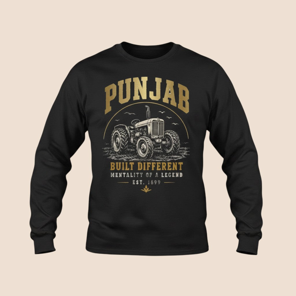 PUNJAB BOLDA black long sleeve cotton shirt with a vintage tractor graphic and Built Different text print.