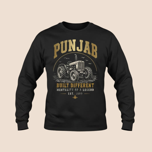 PUNJAB BOLDA black long sleeve cotton shirt with a vintage tractor graphic and Built Different text print.