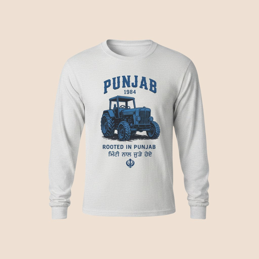 PUNJAB BOLDA white long sleeve cotton shirt with blue tractor graphic and Rooted in Punjab text print.
