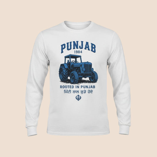 PUNJAB BOLDA white long sleeve cotton shirt featuring a blue tractor graphic and Rooted in Punjab text.