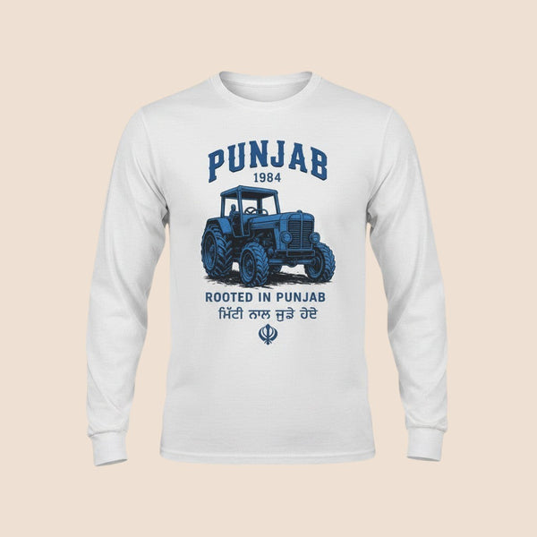 PUNJAB BOLDA white long sleeve cotton shirt featuring a blue tractor graphic and Rooted in Punjab text.