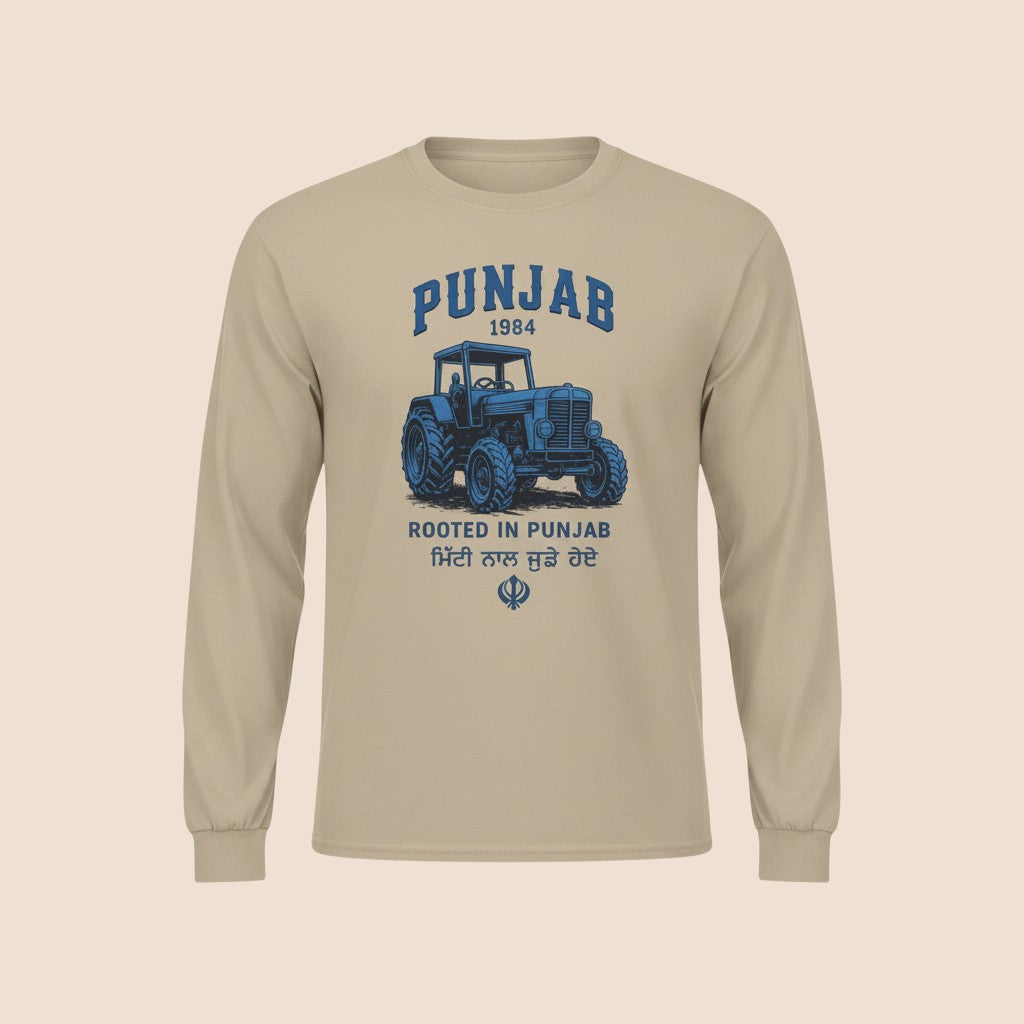 PUNJAB BOLDA beige long sleeve cotton shirt with a blue tractor graphic and Punjabi text print.