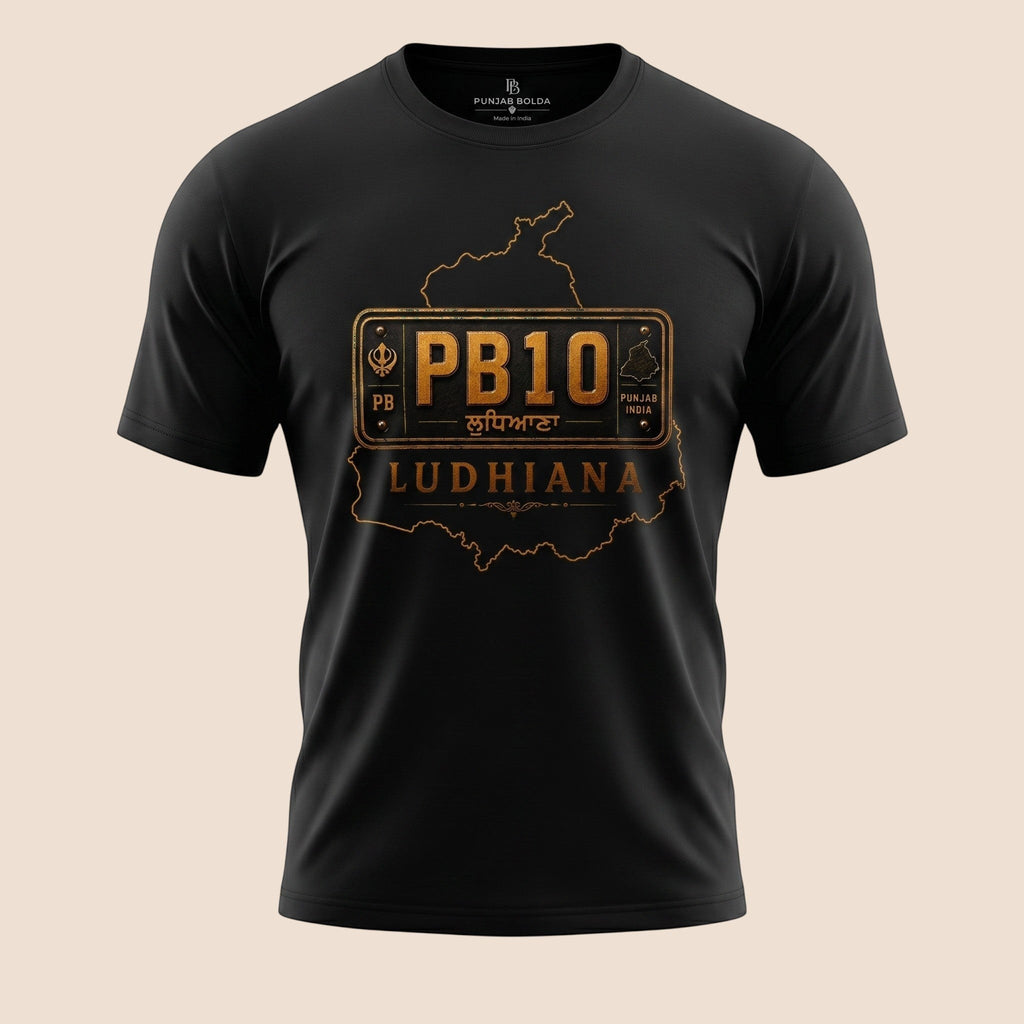 PUNJAB BOLDA black unisex classic tee featuring a gold PB10 Ludhiana district graphic print on the chest.