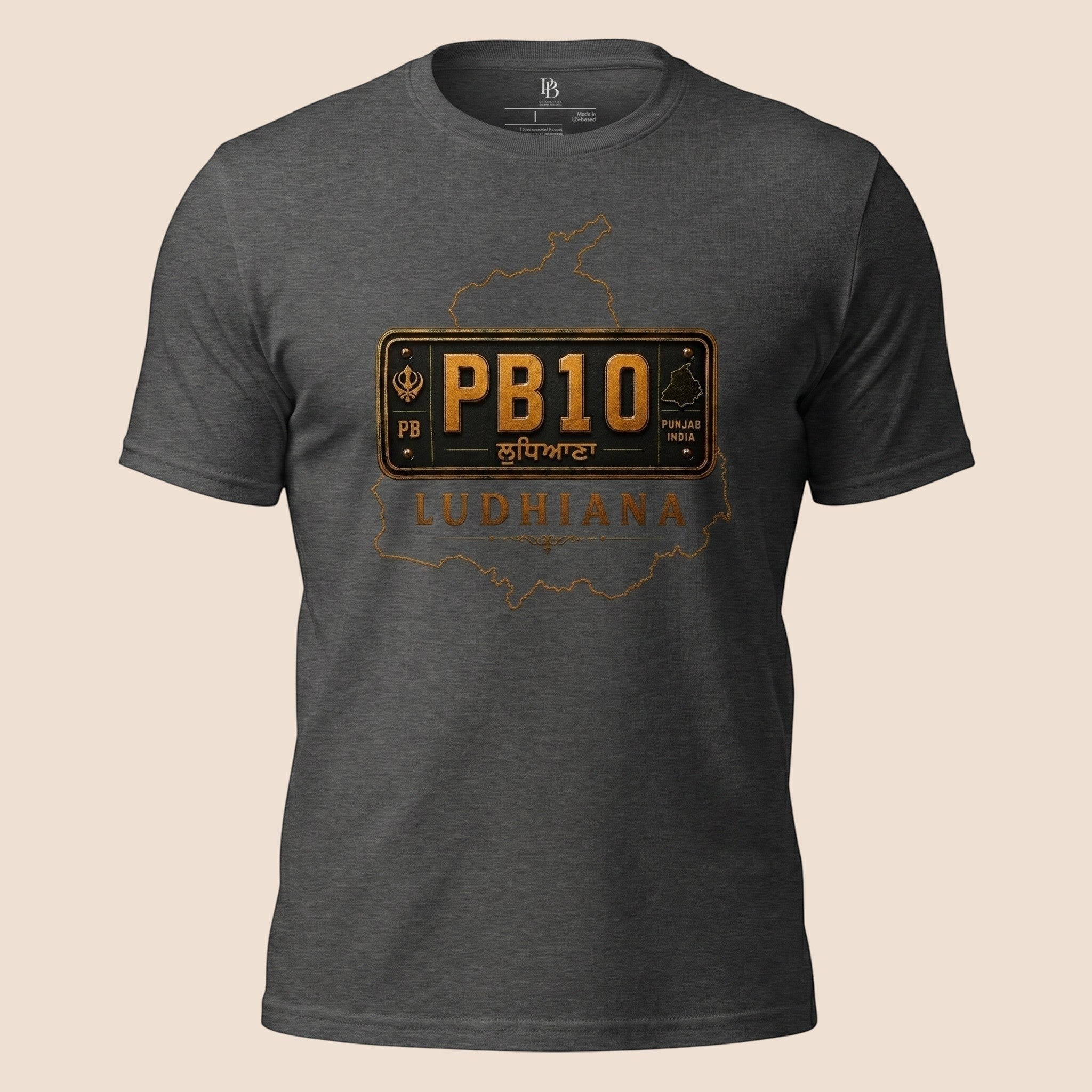PUNJAB BOLDA charcoal grey unisex classic tee featuring a PB10 Ludhiana district graphic print on the chest.