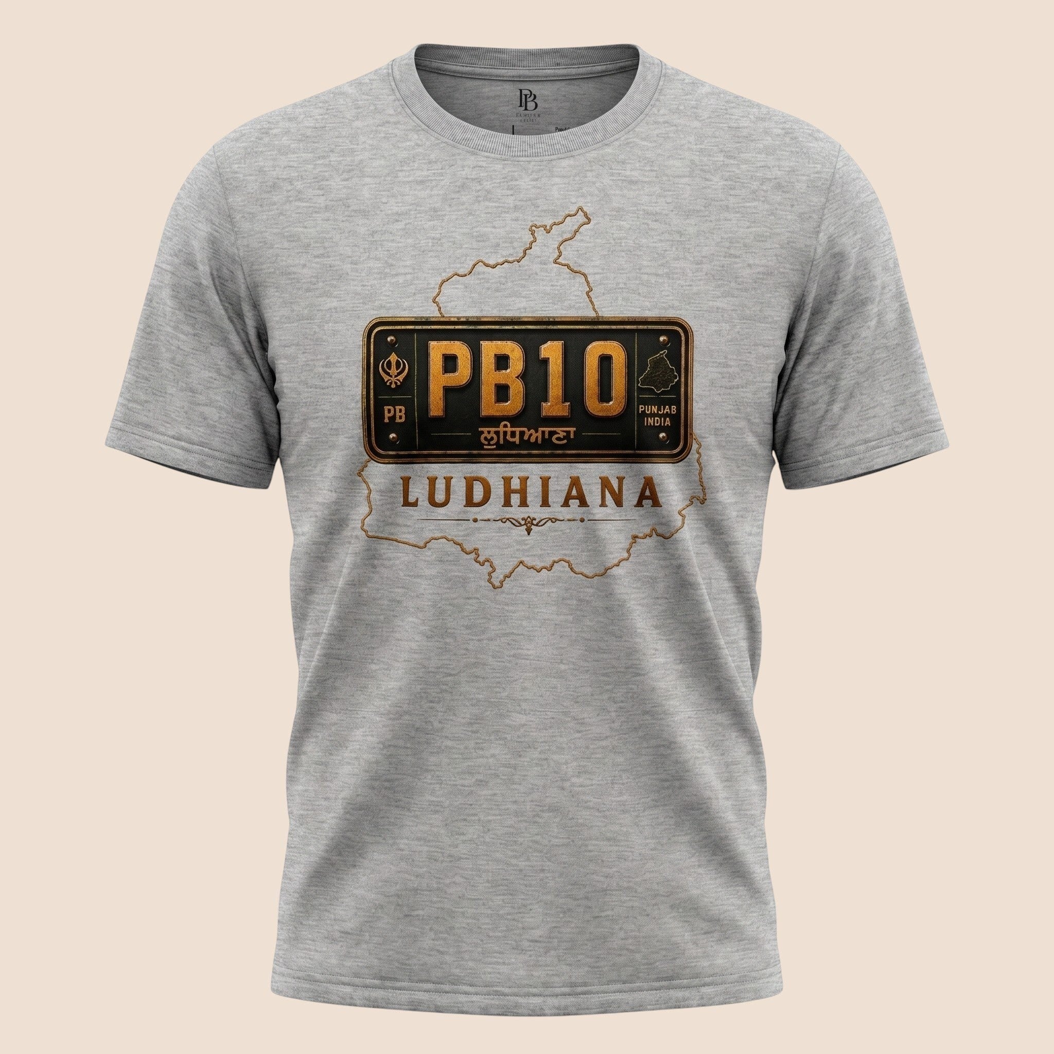 PUNJAB BOLDA grey unisex classic tee featuring a PB10 Ludhiana license plate graphic and Punjab district map outline.