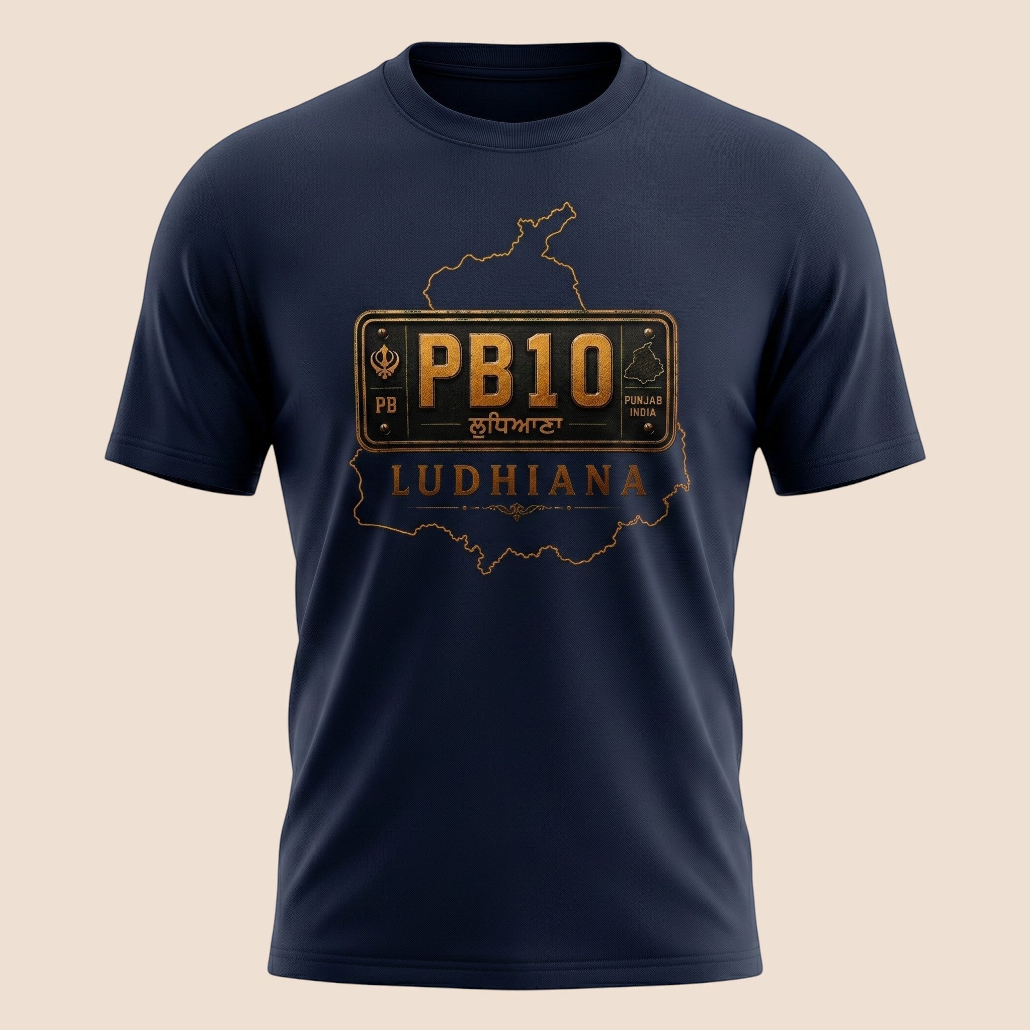 PUNJAB BOLDA navy blue unisex classic tee featuring a gold PB10 Ludhiana district license plate graphic design.
