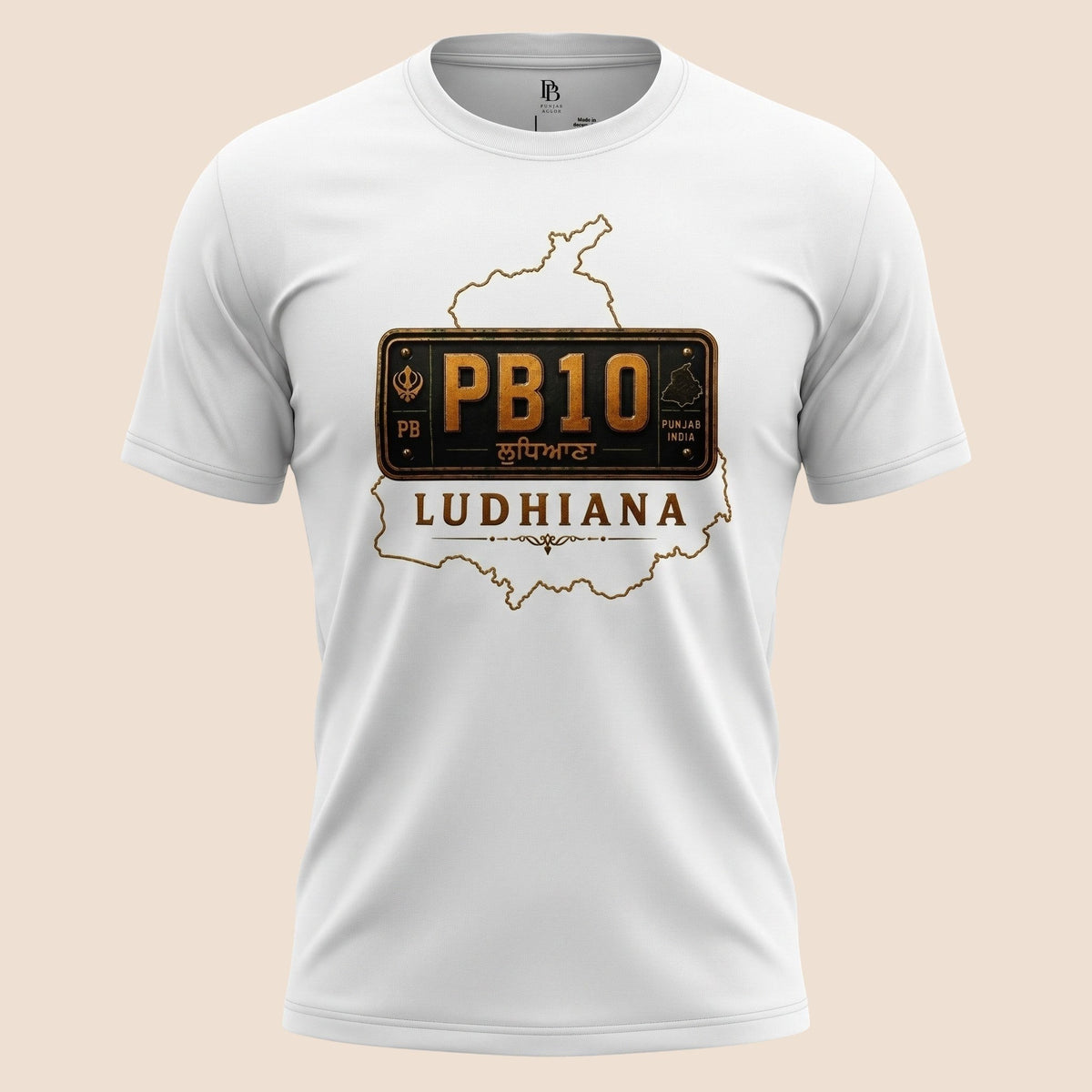 PUNJAB BOLDA white unisex classic tee featuring a PB10 Ludhiana district license plate graphic and map outline.