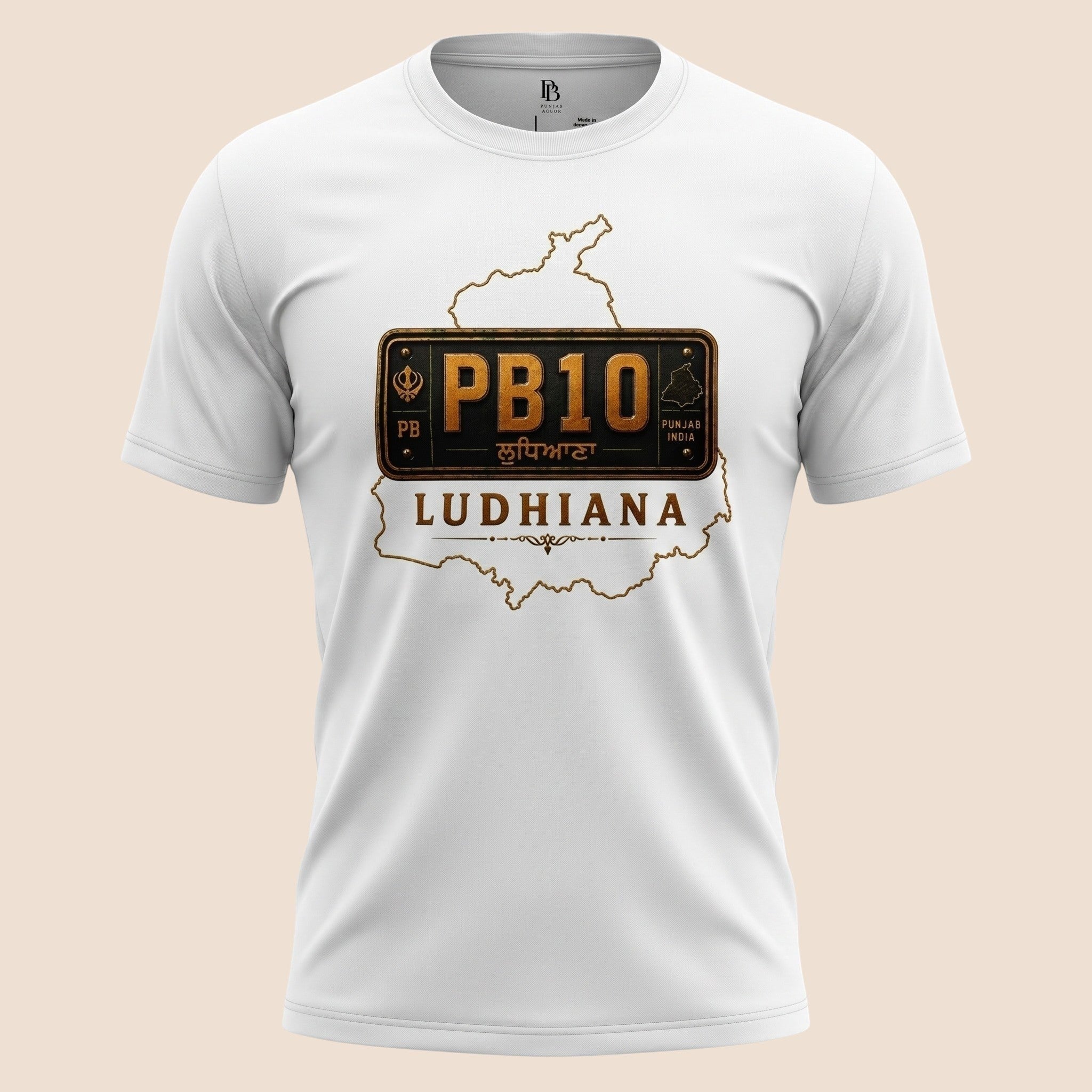 PUNJAB BOLDA white unisex classic tee featuring a PB10 Ludhiana district license plate graphic and map outline.
