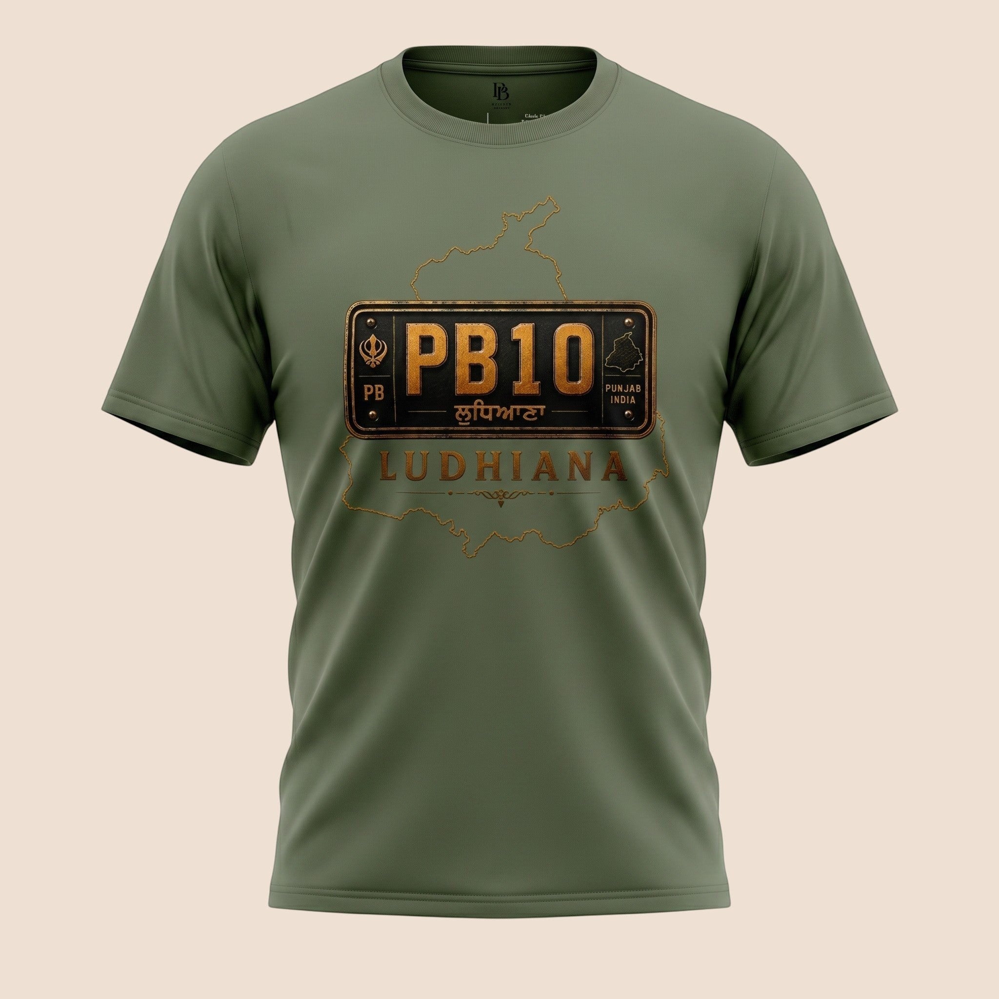 PUNJAB BOLDA olive green unisex classic tee featuring a vintage PB10 Ludhiana license plate graphic design.