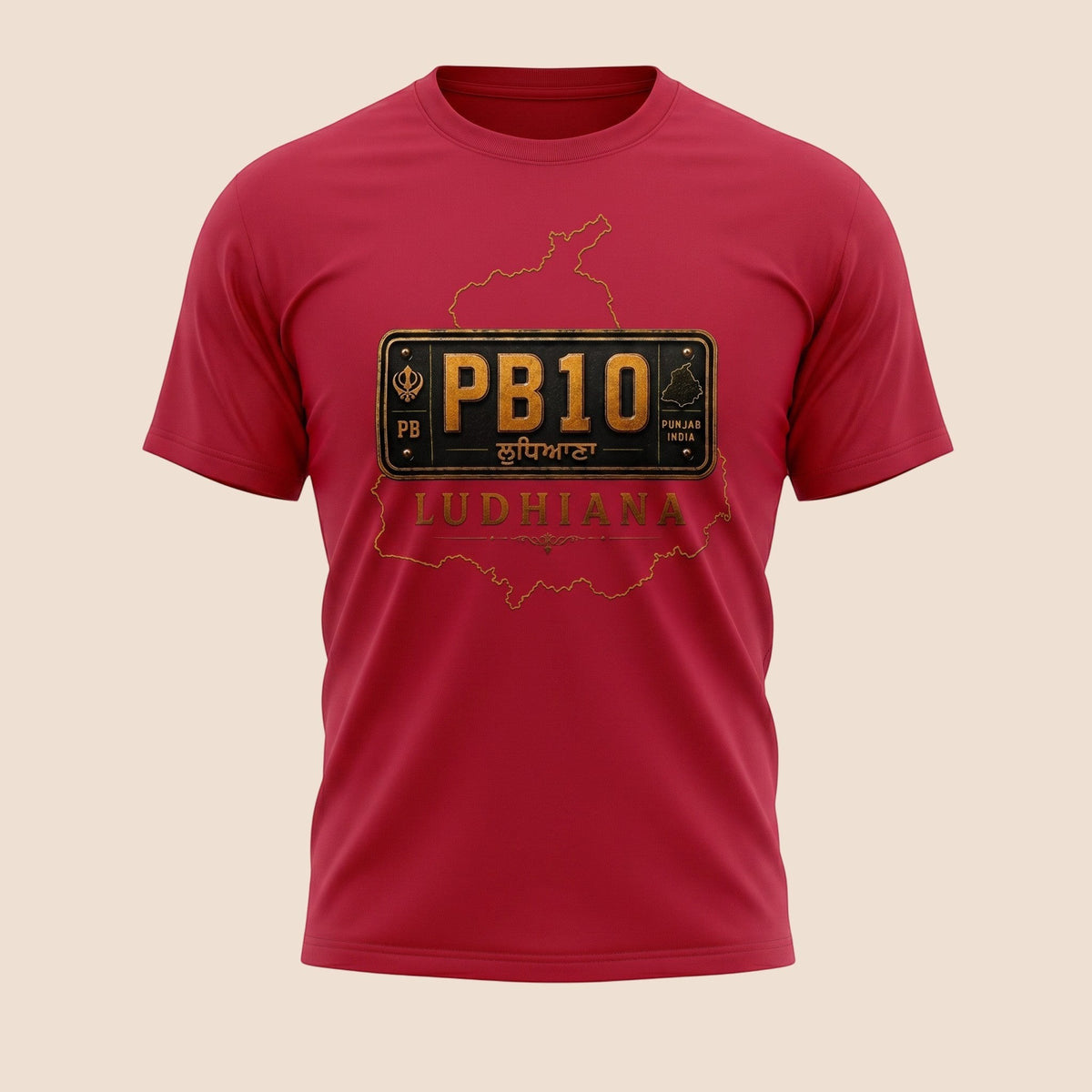PUNJAB BOLDA red unisex classic tee featuring a PB10 Ludhiana license plate graphic and Punjab district outline.