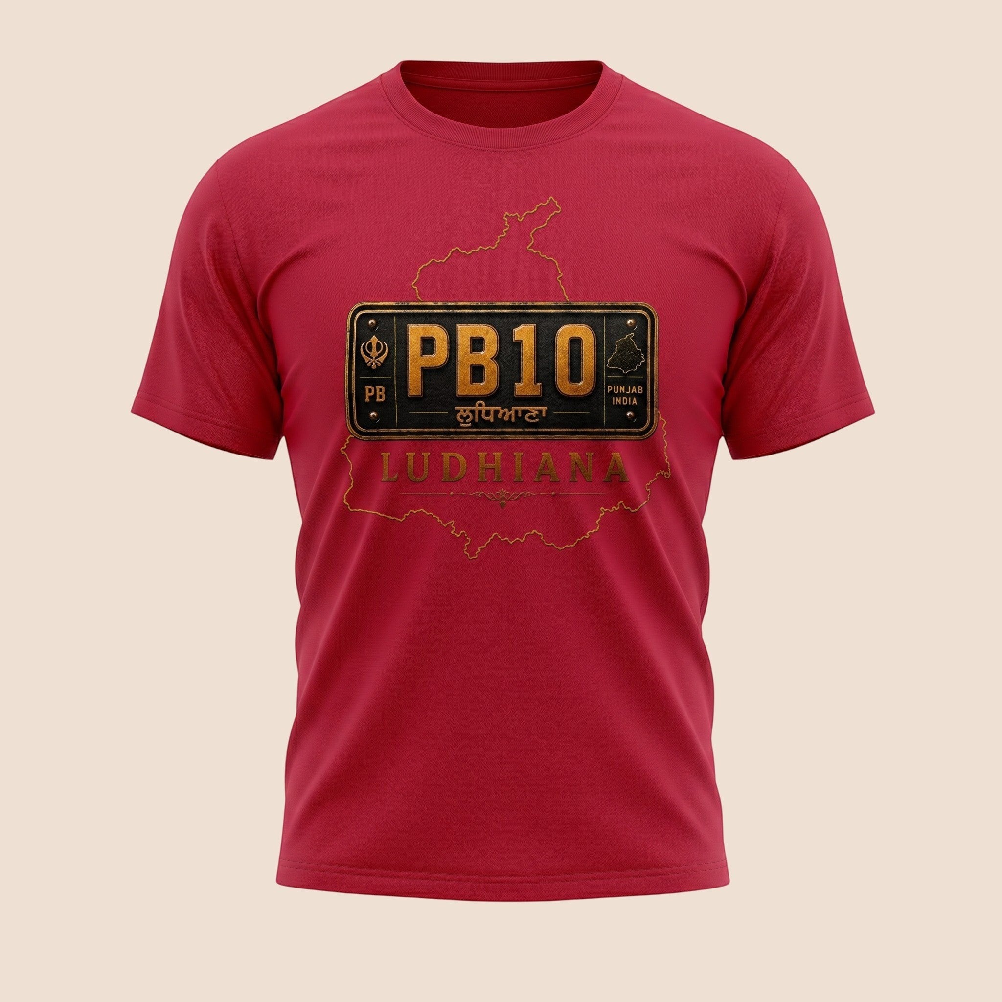 PUNJAB BOLDA red unisex classic tee featuring a PB10 Ludhiana license plate graphic and Punjab district outline.