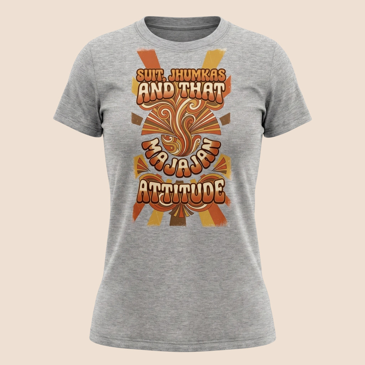 PUNJAB BOLDA grey cotton unisex t-shirt featuring retro orange and brown graphic text Suit Jhumkas and that Majajan
