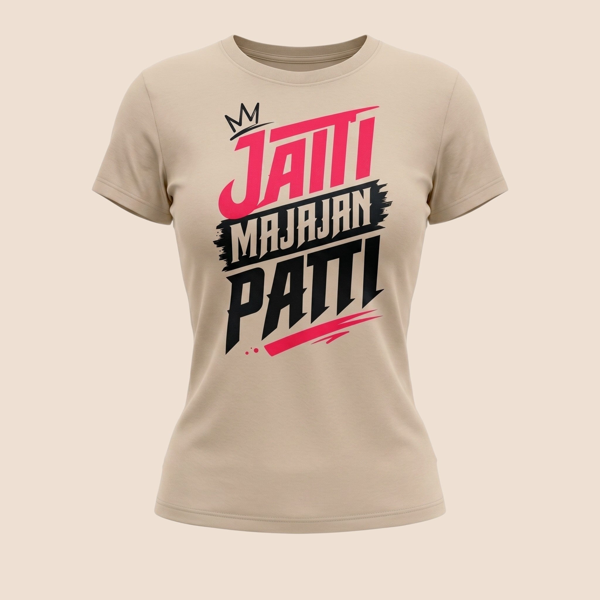 PUNJAB BOLDA MAJAJAN unisex classic cotton tee in beige with bold pink and black desi graphic print