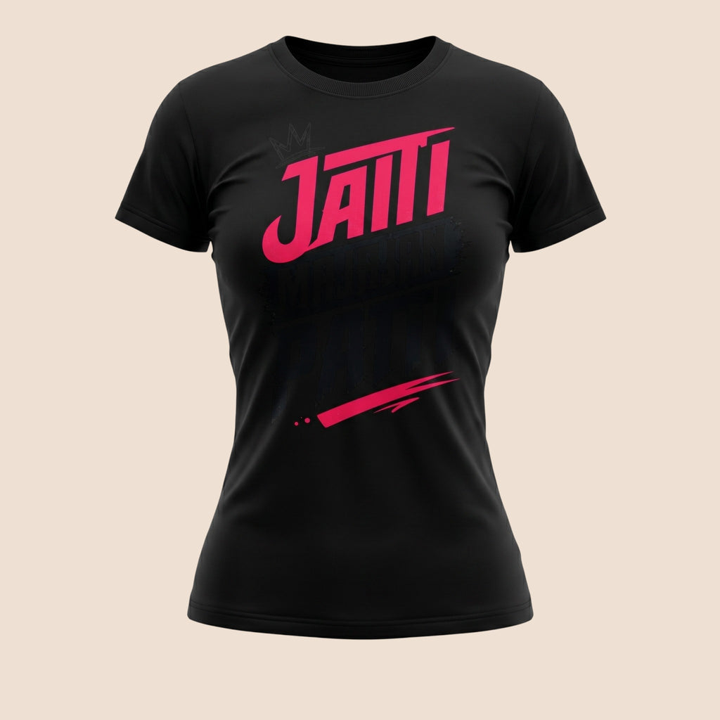 PUNJAB BOLDA MAJAJAN unisex black cotton t-shirt with bold pink Jatti graphic print and crown detail.