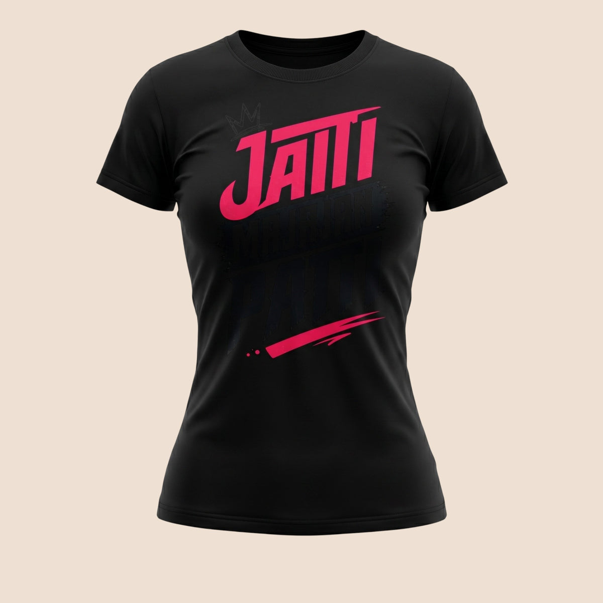PUNJAB BOLDA MAJAJAN unisex black cotton t-shirt with bold pink Jatti graphic print and crown detail.