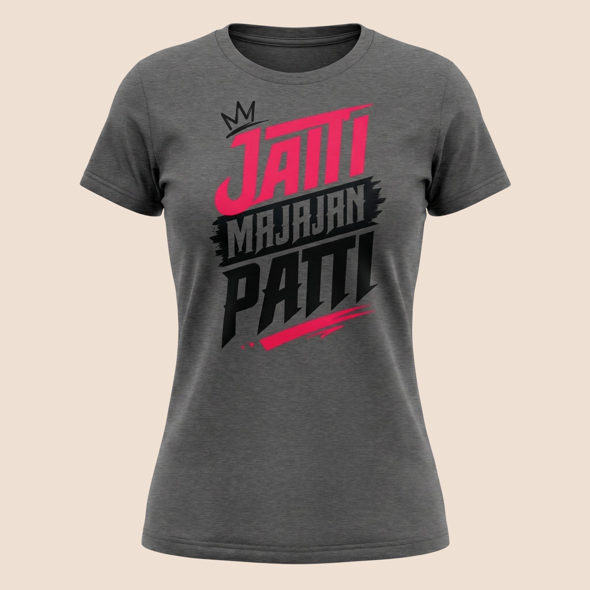 PUNJAB BOLDA MAJAJAN unisex classic grey cotton t-shirt featuring bold pink and black desi graphic print.