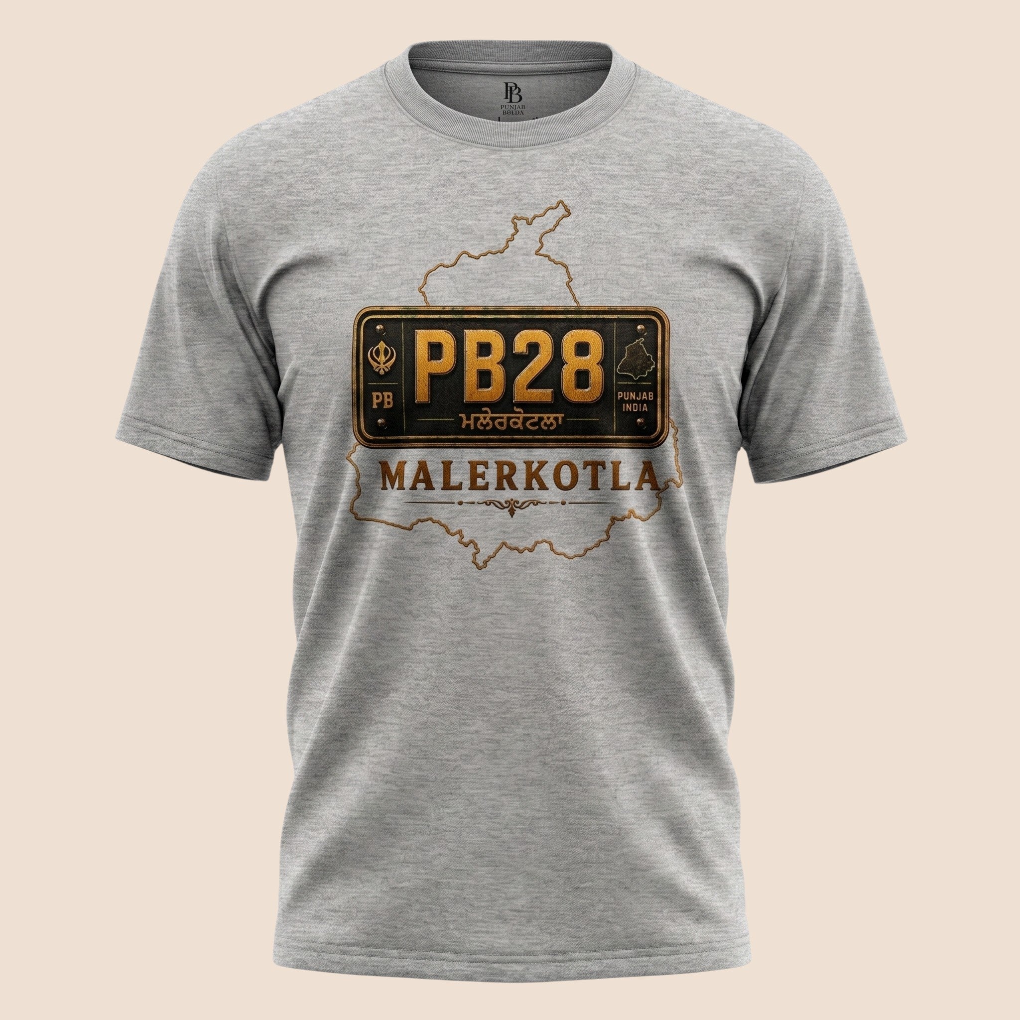 PUNJAB BOLDA grey unisex classic tee featuring a Malerkotla PB28 district license plate graphic print.