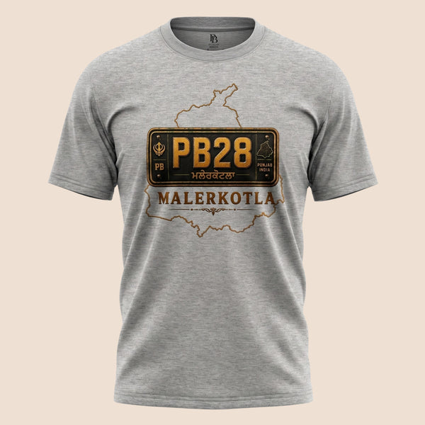 PUNJAB BOLDA grey unisex classic tee featuring a Malerkotla PB28 district license plate graphic print.