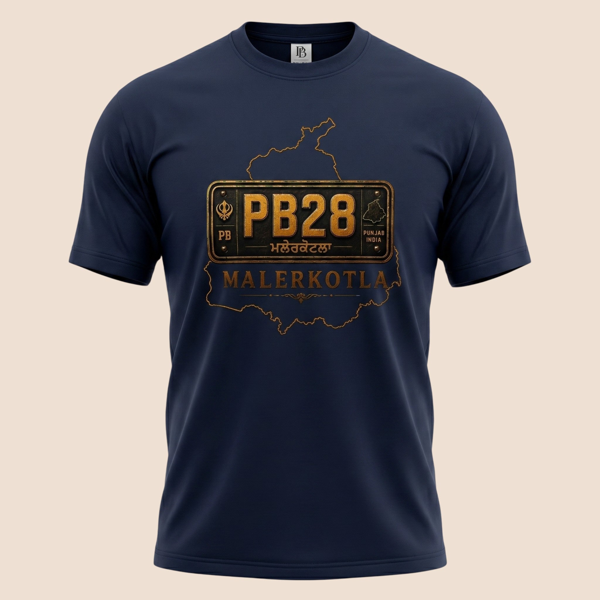 PUNJAB BOLDA navy blue unisex classic tee featuring a gold PB28 Malerkotla district graphic and heritage design.