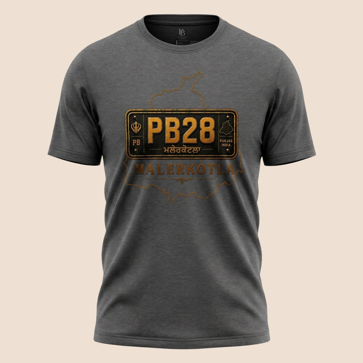 PUNJAB BOLDA charcoal grey unisex classic tee featuring a Malerkotla PB28 district license plate graphic design.