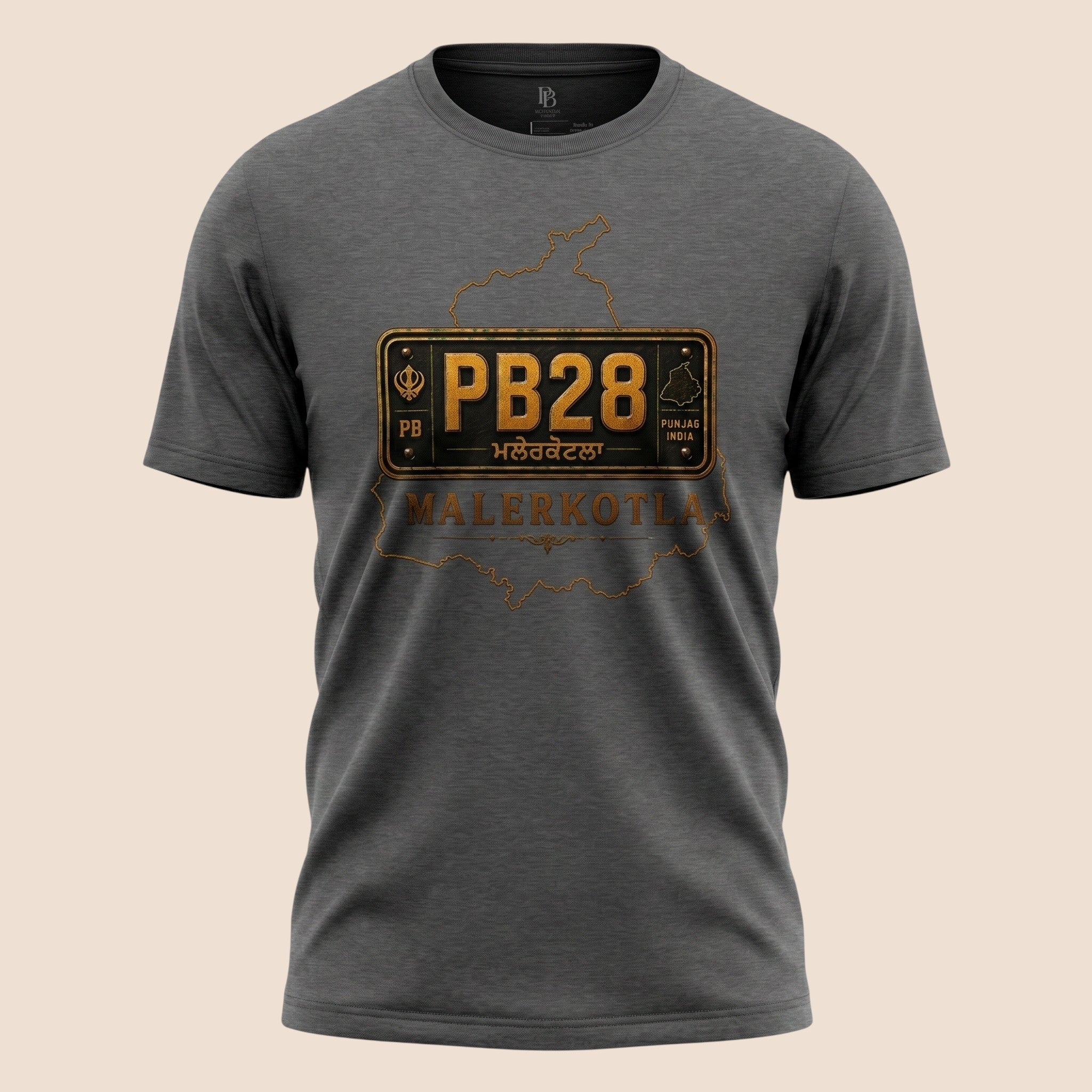 PUNJAB BOLDA charcoal grey unisex classic tee featuring a Malerkotla PB28 district license plate graphic design.