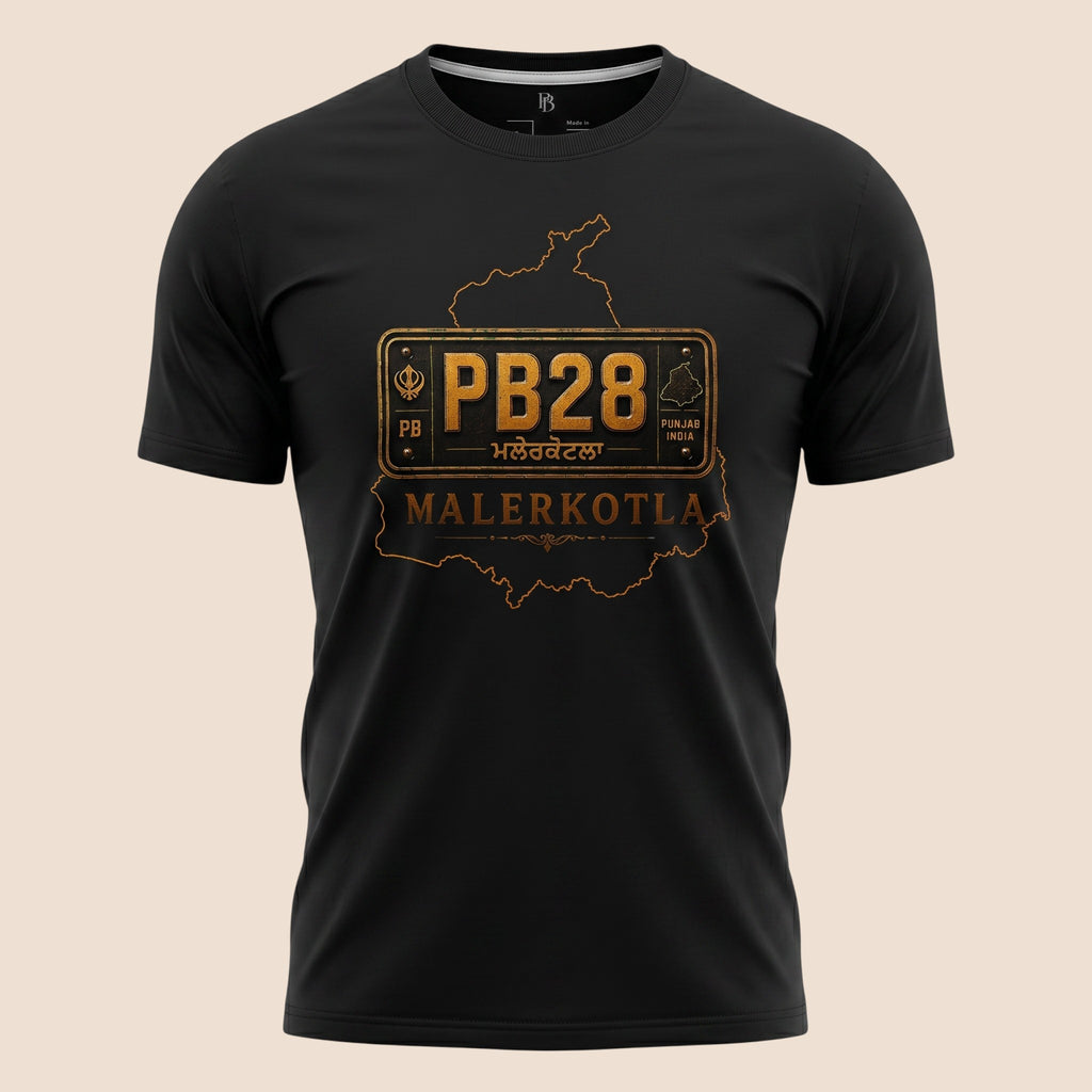 PUNJAB BOLDA black unisex classic tee featuring a gold PB28 Malerkotla district graphic from the JILA collection.