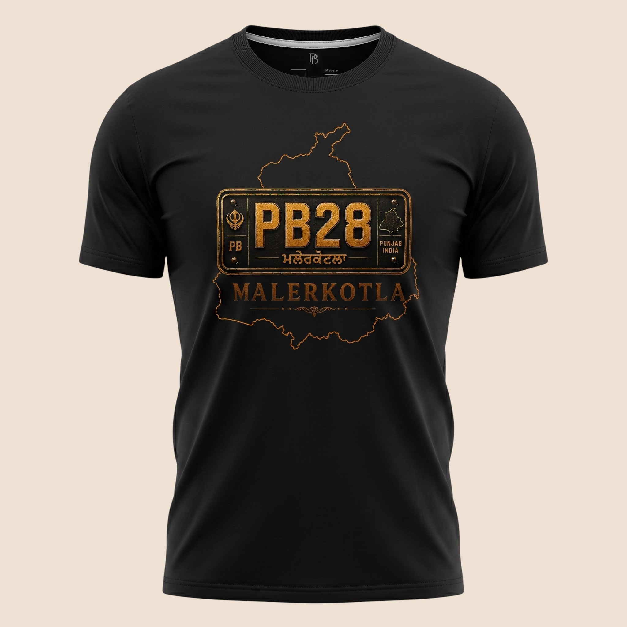 PUNJAB BOLDA black unisex classic tee featuring a gold PB28 Malerkotla district graphic from the JILA collection.