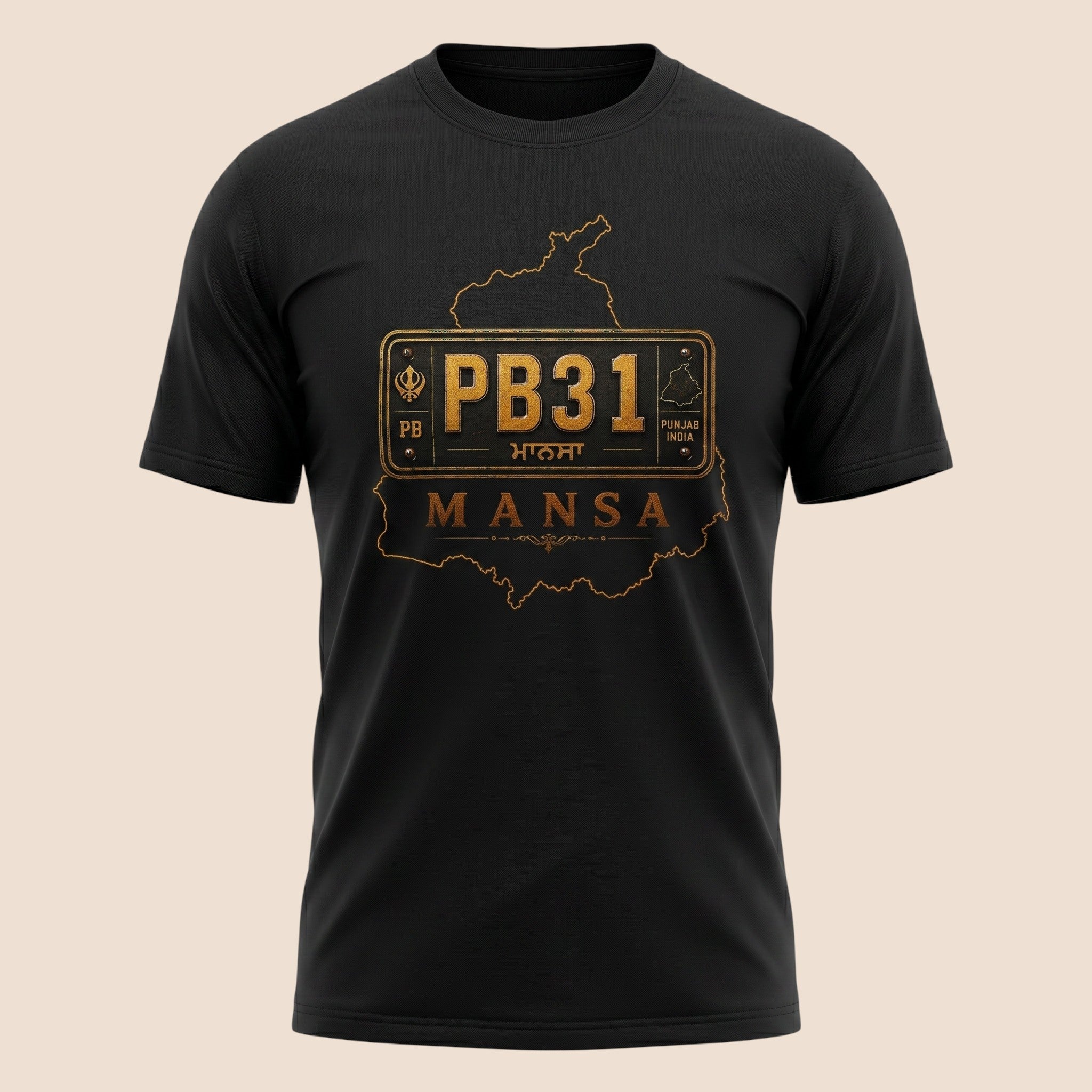 PUNJAB BOLDA black unisex classic tee featuring a gold PB31 Mansa district license plate graphic on the chest.