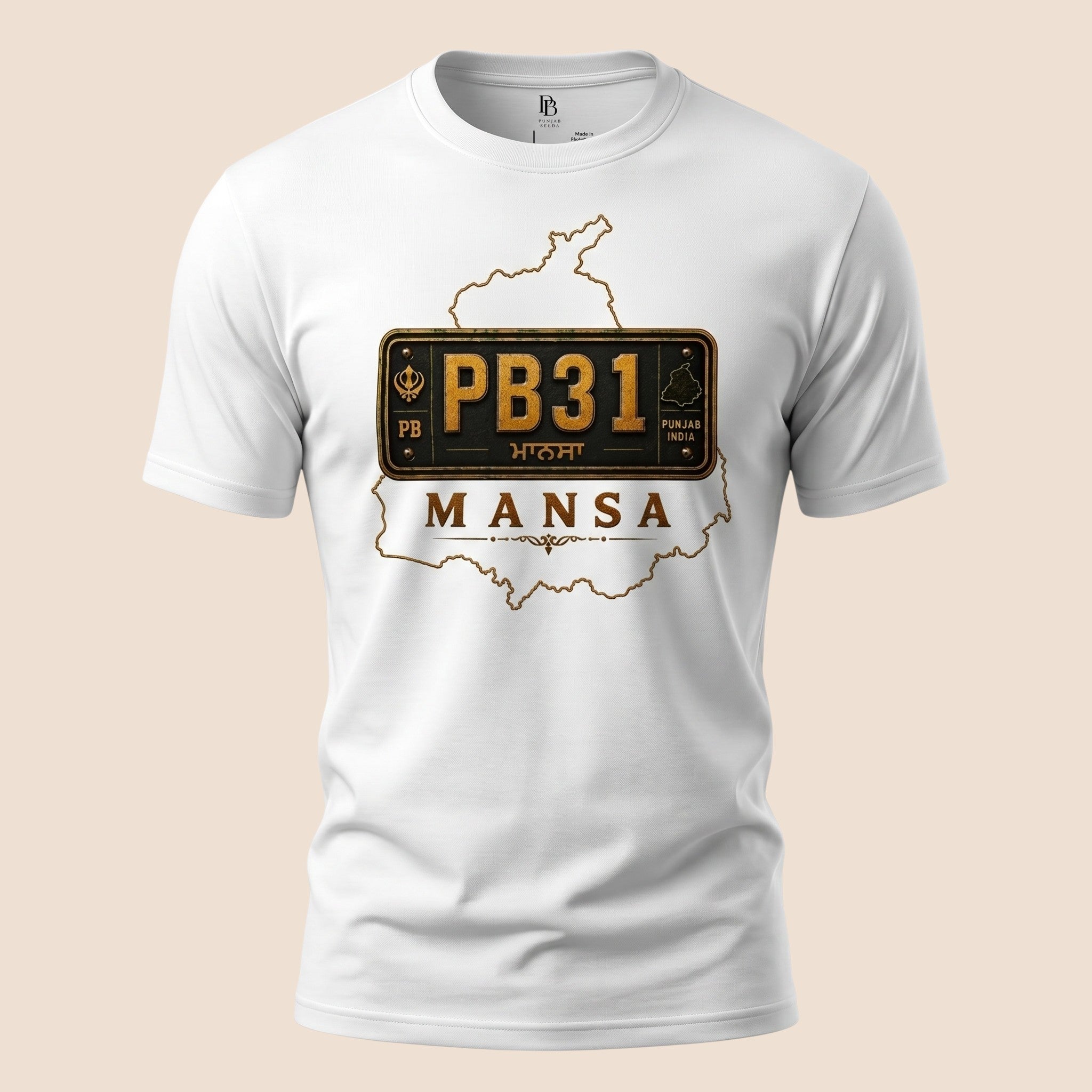 PUNJAB BOLDA white unisex classic tee featuring a vintage PB31 Mansa license plate graphic and Punjab map outline.