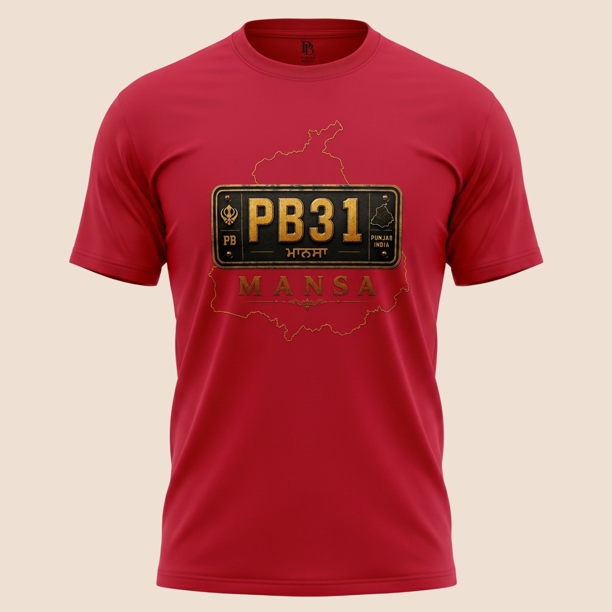 PUNJAB BOLDA red unisex classic tee featuring a gold PB31 Mansa district license plate graphic and map outline.