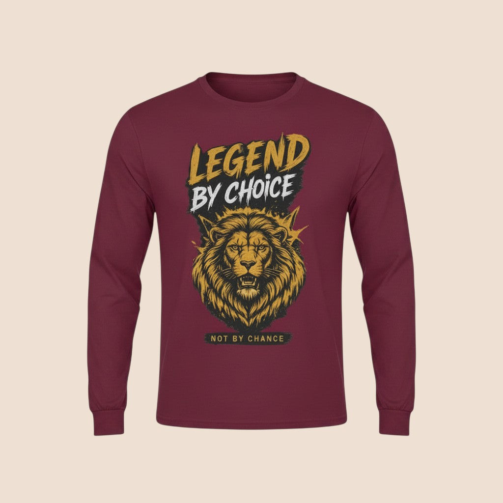 PUNJAB BOLDA maroon long sleeve cotton shirt featuring a gold lion graphic and Legend By Choice text print.