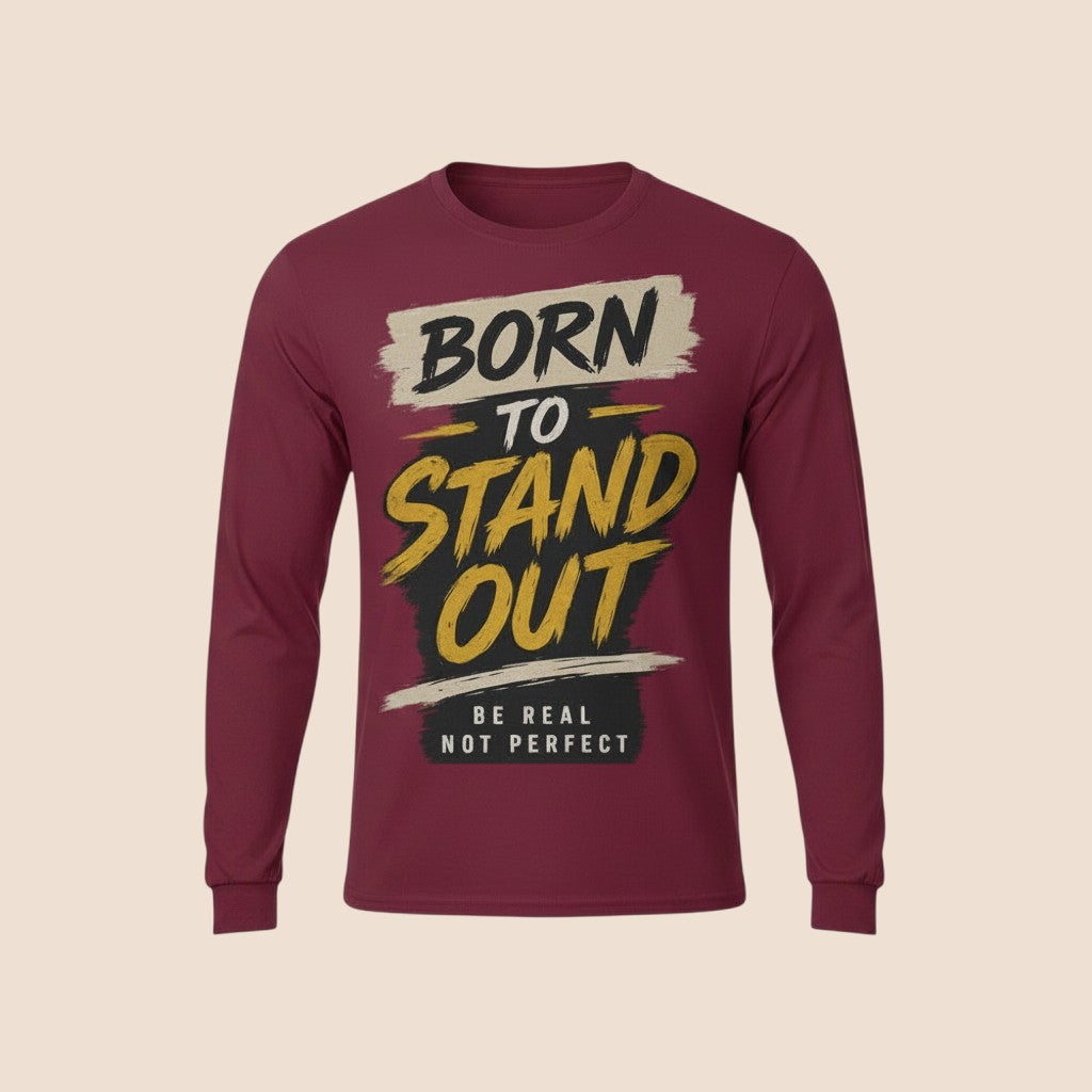 PUNJAB BOLDA maroon long sleeve cotton shirt with Born To Stand Out graphic print and rib cuffs.