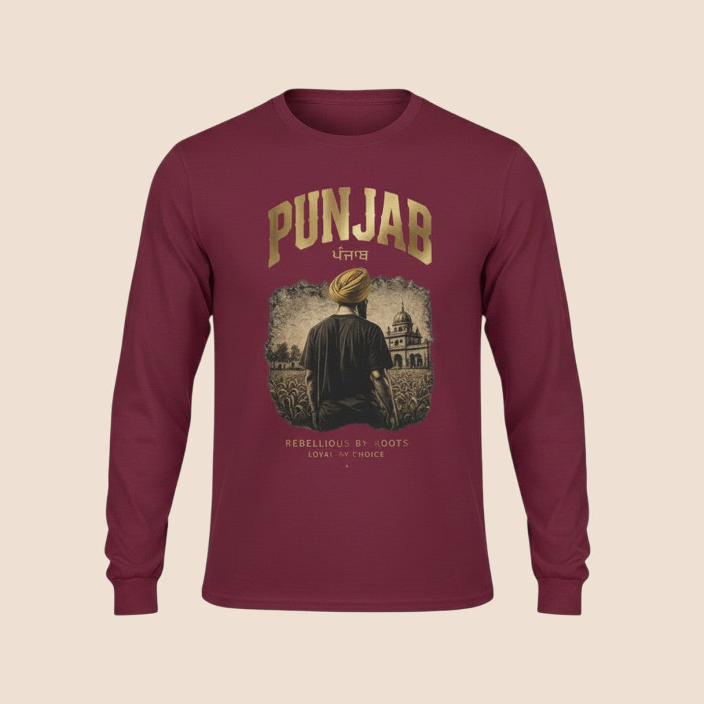 PUNJAB BOLDA maroon long sleeve cotton shirt featuring a graphic of a man in a turban in a field with gold text.