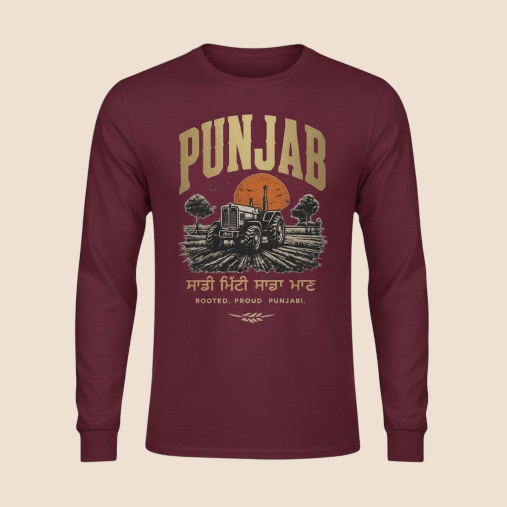 PUNJAB BOLDA maroon long sleeve cotton shirt featuring a vintage tractor graphic and Punjabi text print.