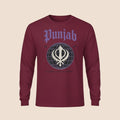 PUNJAB BOLDA maroon long sleeve cotton shirt with a graphic print featuring the Khanda symbol and Punjab text.